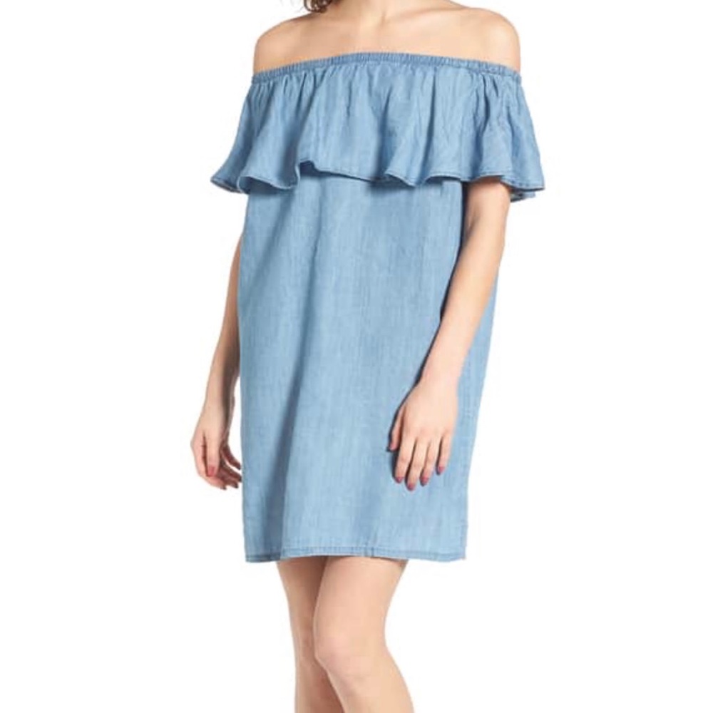 Hinge off the shoulder chambray dress